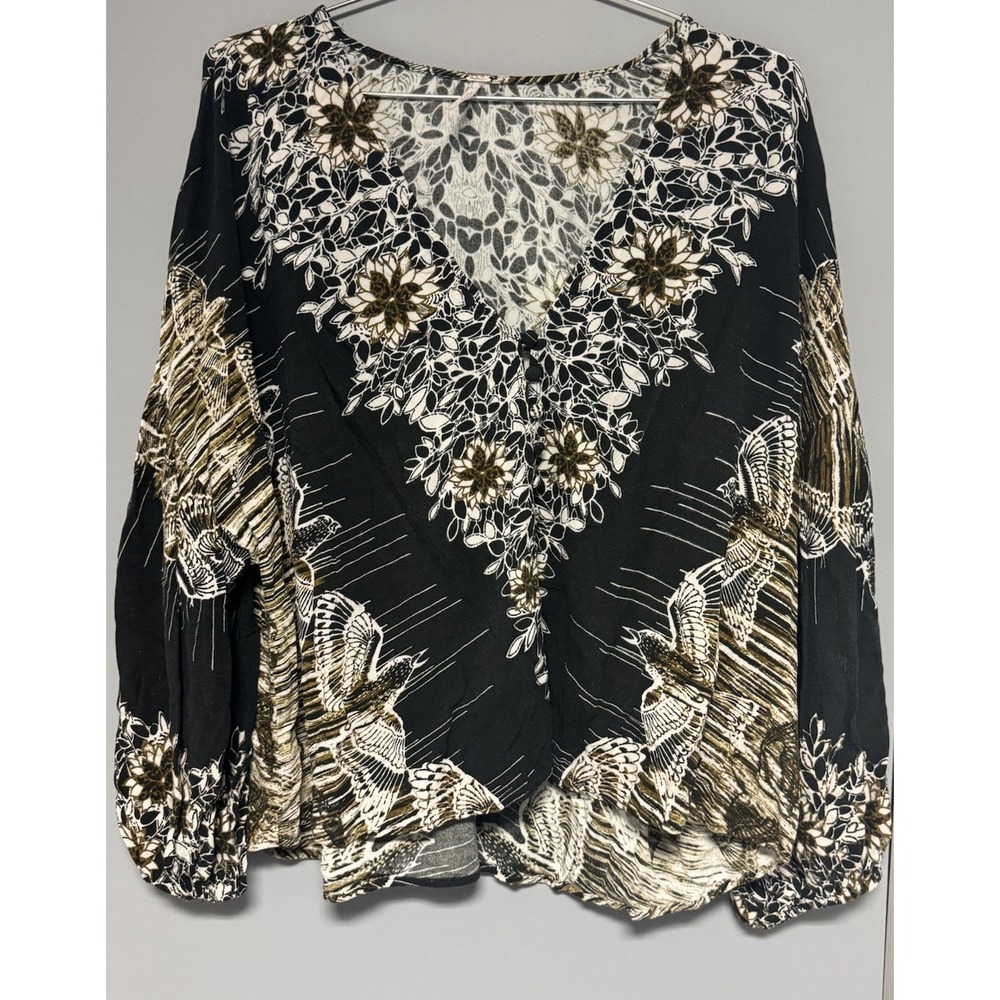 Free People Birds Of A Feather Top Black White Floral Bird Print Festival Medium